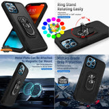 For Apple iPhone 15 (6.1") Heavy Duty Hybrid Rugged 2in1 Shockproof Protective with Magnetic Ring Stand Holder  Phone Case Cover