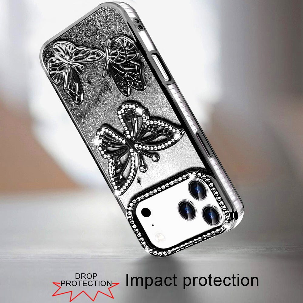 For Apple iPhone 17 Pro (6.3") Luxury Butterfly Sparkle Glitter Diamond Crystal Rhinestone Shimmer Bling Plating Thick TPU Hard PC Case Cover