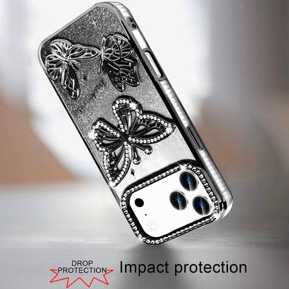For Apple iPhone 17 Pro (6.3") Luxury Butterfly Sparkle Glitter Diamond Crystal Rhinestone Shimmer Bling Plating Thick TPU Hard PC Case Cover