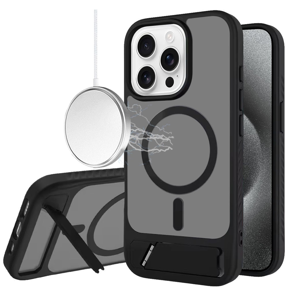 Phone Case for iPhone 15 Pro Max Matte Magnetic Metal Kickstand Shockproof Grip Anti Slip Durable Protective Heavy Duty Hybrid Cover