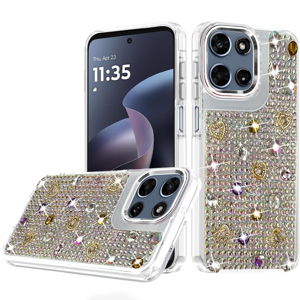 Phone Case for Motorola Moto G Play 5G 2026 Chrome Fashion Hybrid Bling Diamond Heart Rhinestone Decorative Stones Sparkling Embellished Design Cover Silver