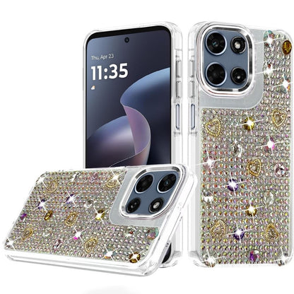 Phone Case for Motorola Moto G 5G 2026/ 2025 Chrome Fashion Hybrid Bling Diamond Heart Rhinestone Decorative Stones Sparkling Embellished Design Cover Silver