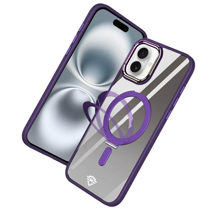 For Apple iPhone 16 Plus Magnetic Ring Stand Hybrid MagSafe Compatible Shockproof Protection Transparent Back Alloy Chrome Grip Case Cover Navy Blue