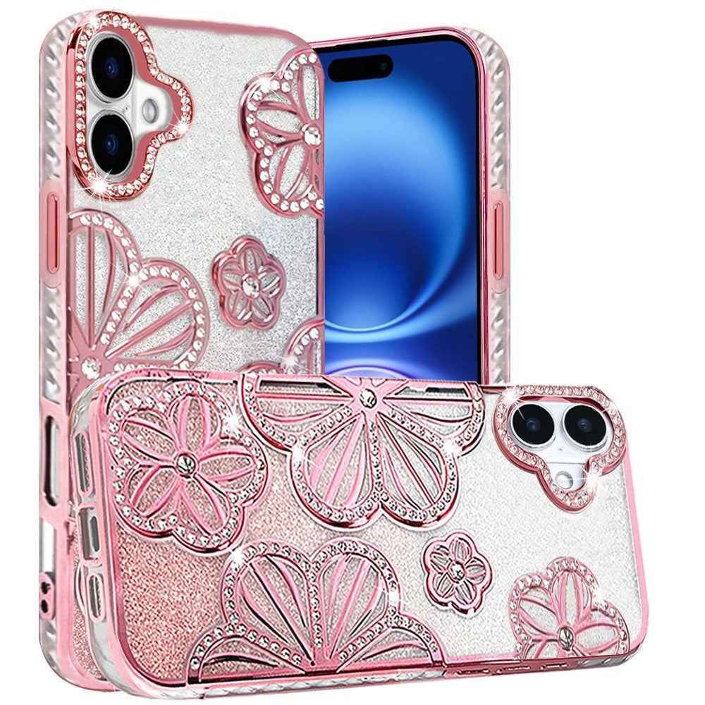 For Apple iPhone 17 (6.3") Luxury Flower Design Sparkle Glitter Diamond Rhinestone Shimmer Bling Plating Thick TPU Hard PC Case Cover