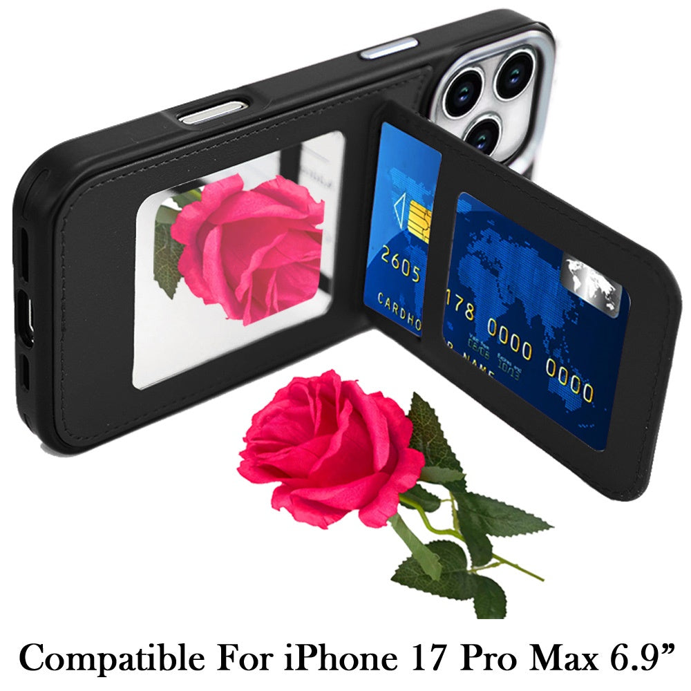 Phone Case for Apple iPhone 17 Pro Max (6.9") Credit Card Holder Mirror PU Leather Wallet Shockproof Grip Slim Protective Hybrid Magnetic Style Durable Cover Black