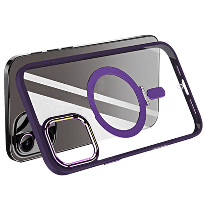 For Apple iPhone 16 Plus Magnetic Ring Stand Hybrid MagSafe Compatible Shockproof Protection Transparent Back Alloy Chrome Grip Case Cover Navy Blue