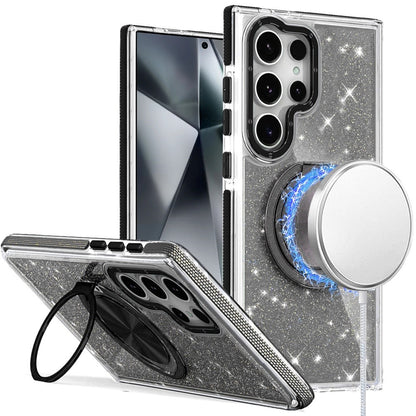 Phone Case for Samsung Galaxy S24 Ultra Magnetic Hybrid 360 Rotating Ring Kickstand Tough Hard PC Soft TPU Glitz Shimmer Glitter Shock Absorbing Cover Black