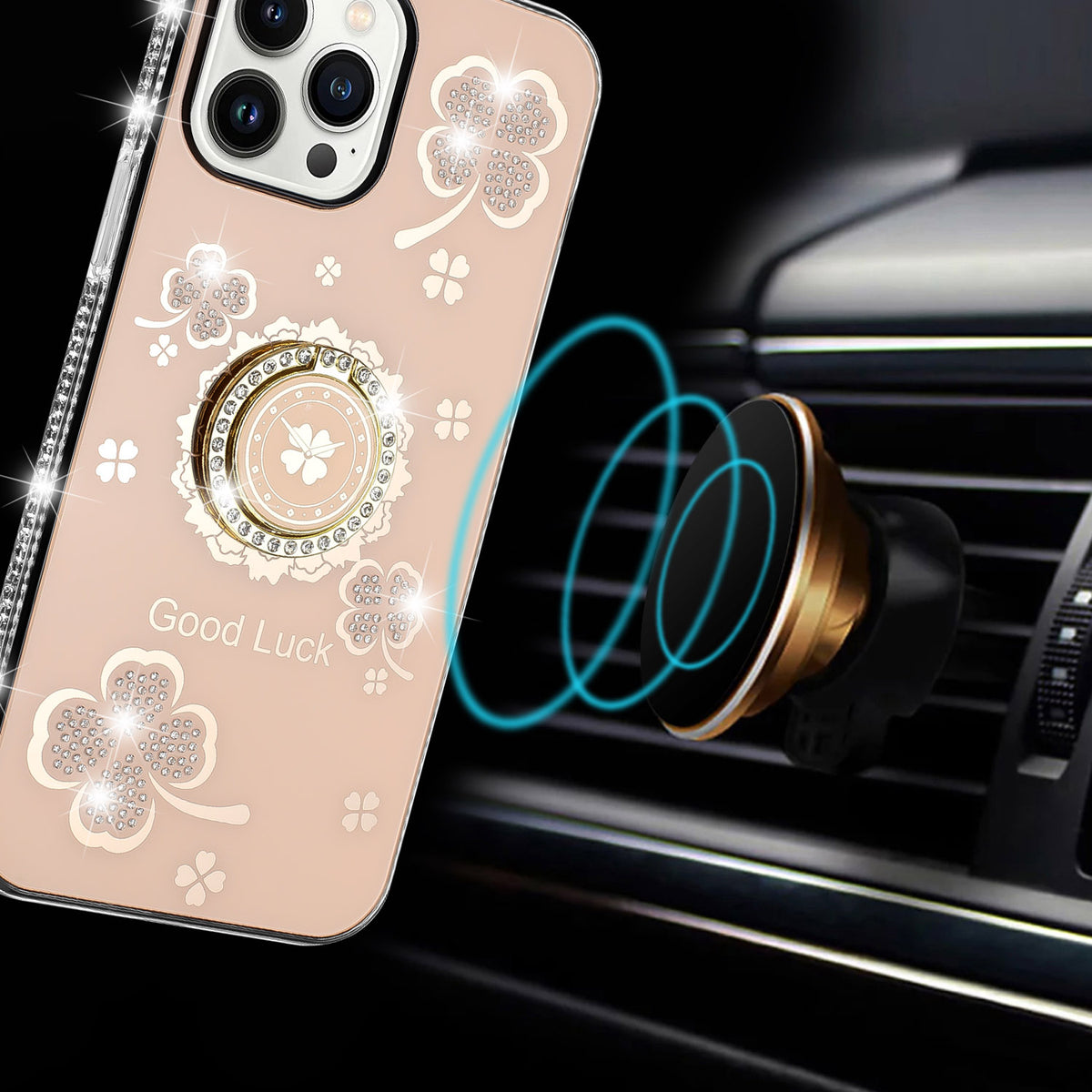 Phone Case for Apple iPhone 15 Glitter Diamond Ring Stand Sparkle Rhinestone Edge AntiSlip Kickstand Luxury Fashion Bumper Shockproof Cover Gold