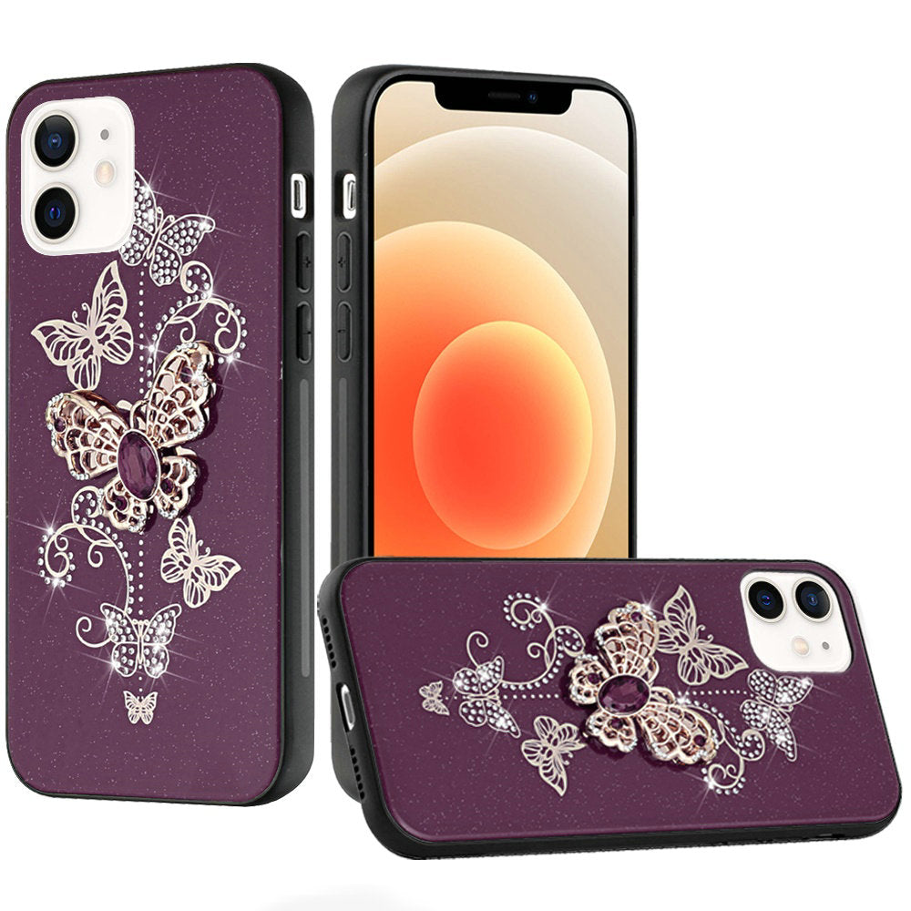 Phone Case for Apple iPhone 12 /12 Pro Diamond Glitter 3D Butterfly Engraved Luxury Bling Hybrid Shockproof Chrome Edge Protective Durable Grip Cover Purple