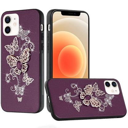 Phone Case for Apple iPhone 12 /12 Pro Diamond Glitter 3D Butterfly Engraved Luxury Bling Hybrid Shockproof Chrome Edge Protective Durable Grip Cover Purple