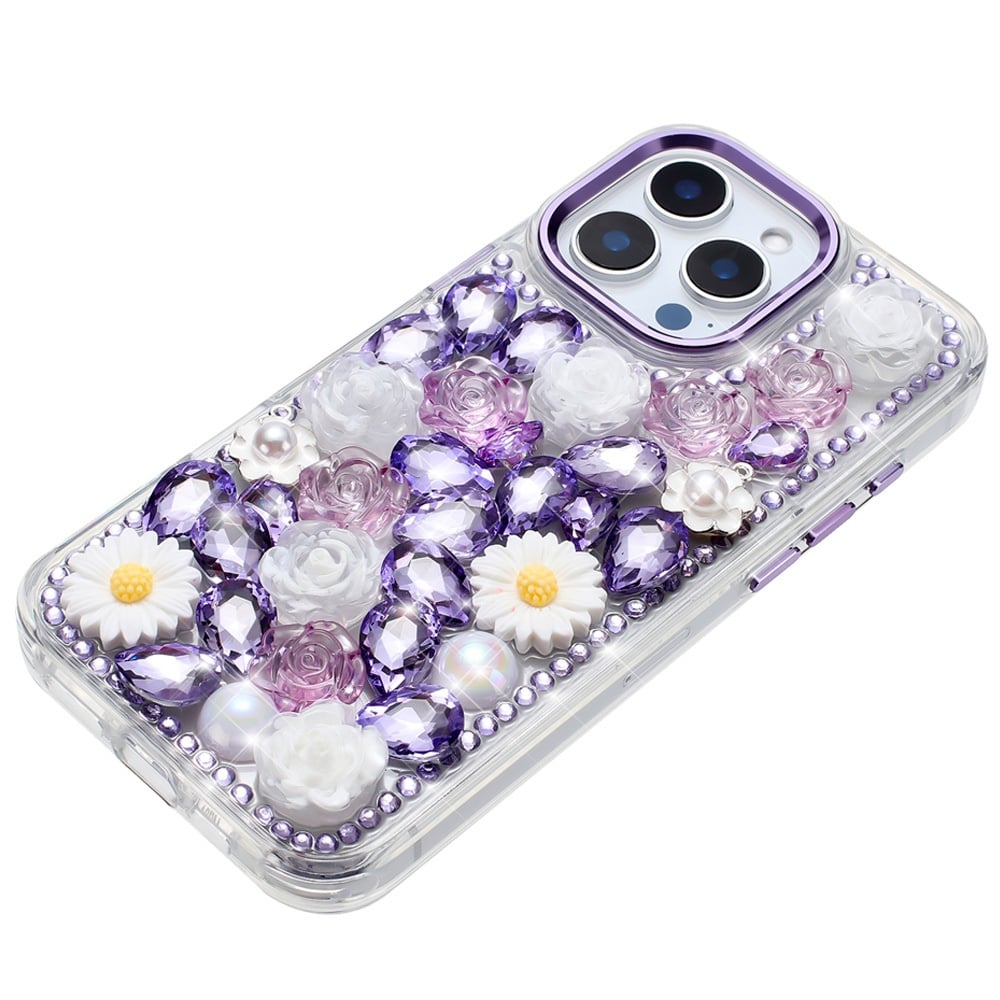 Phone Case for iPhone 15 Pro (6.1") Full Bling Rhinestone Glitter Floral Luxury Hybrid Shockproof Stylish Sparkling Protective Designer Ornament Cover