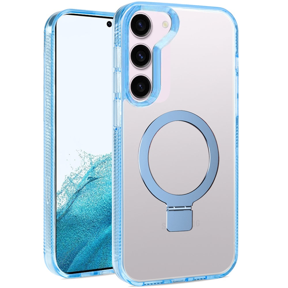 For Apple iPhone 17E /16E Transparent Magnetic Ring Circle Stand with MagSafe Compatible Hybrid Dotted Edged Hard PC Shockproof Case Cover Light Blue