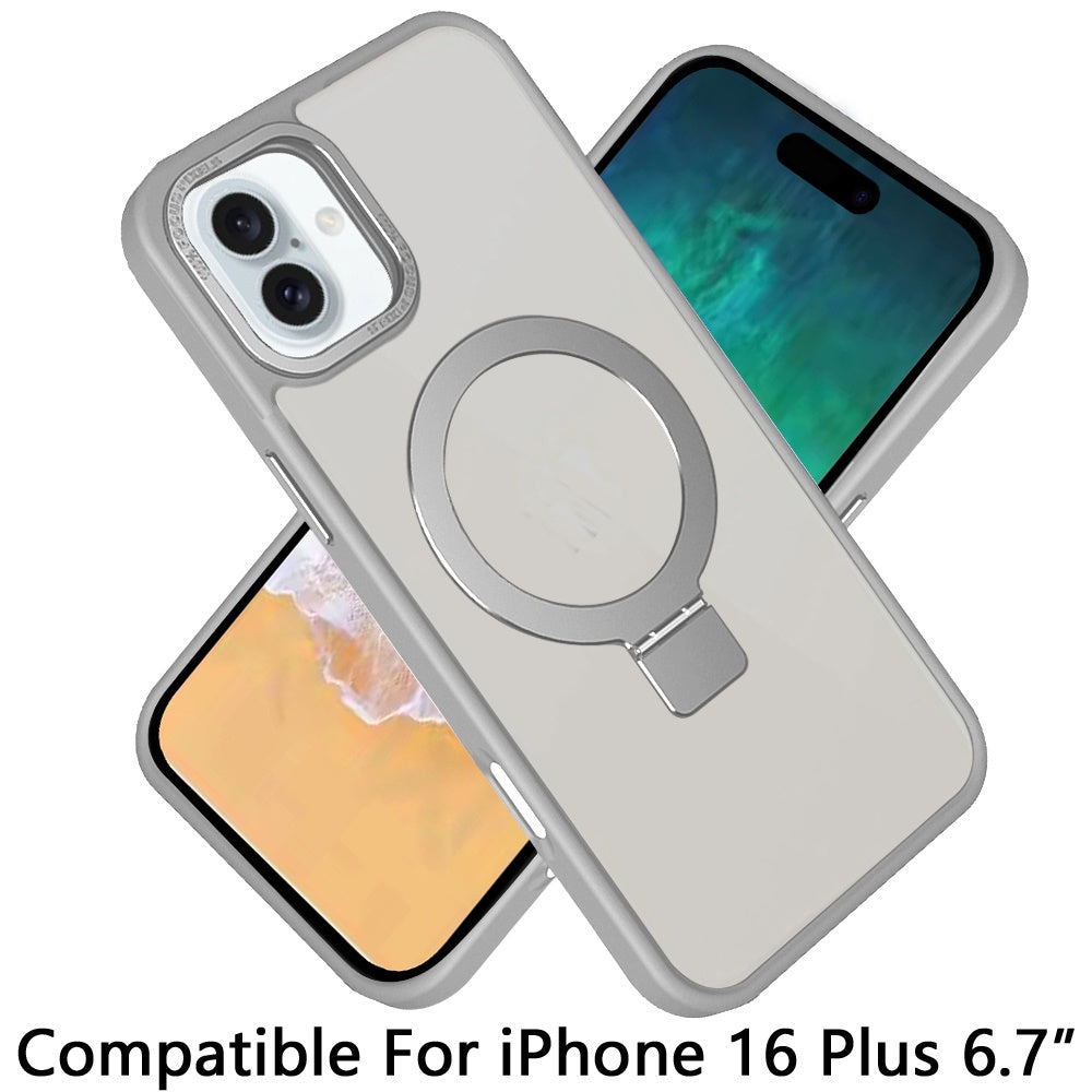 For Apple iPhone 16 Plus (6.7") Magnetic Metal Matte Built-in Compatible with MagSafe Stand Hybrid Shock Armor TPU Case Cover Clear