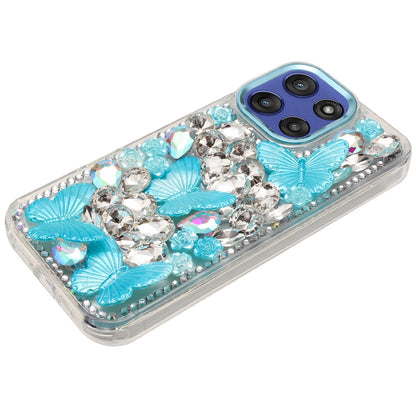 For Motorola Moto G Power 5G 2025 3D Diamond Floral Butterfly Bling Stone Hybrid, Sparkly Rhinestone Gemstone Back Shockproof Case Cover