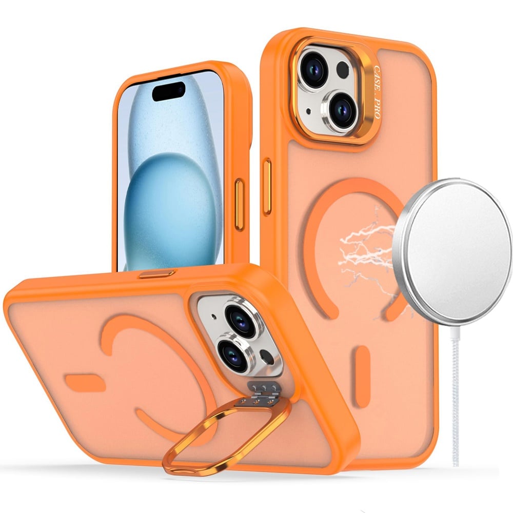 For iPhone 15 Plus (6.7") MagSafe Compatible Matte Metallic Stand TPU Hybrid Drop Protection Camera Kickstand Case Cover Cosmic Orange