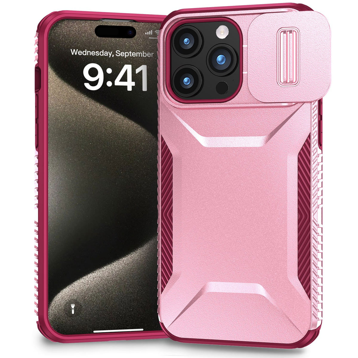 For Apple iPhone 16 Plus Slim Fit Shockproof Hybrid with Slide Camera Window Covering, Rugged Tpu Silicone Hard PC Bumper Case Cover Pink-Teal