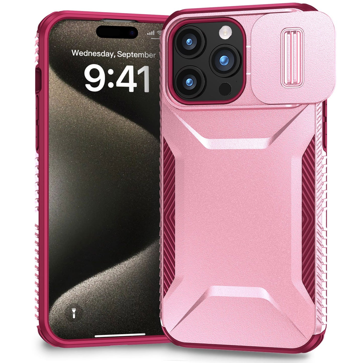 For iPhone 16 (6.1") Slim Fit Shockproof Hybrid with Slide Camera Window Covering, Rugged Tpu Silicone Hard PC Bumper Case Cover Pink-Teal