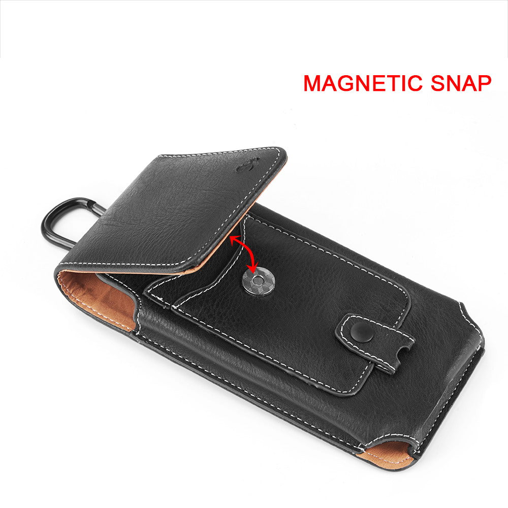 For Apple iPhone 16 Pro (6.3") Universal Vertical Leather Case Holster with Credit Card Holder, Belt Loop & Carabiner Carrying Phone Pouch [Black]