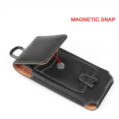 For Apple iPhone 16 Pro (6.3") Universal Vertical Leather Case Holster with Credit Card Holder, Belt Loop & Carabiner Carrying Phone Pouch [Black]