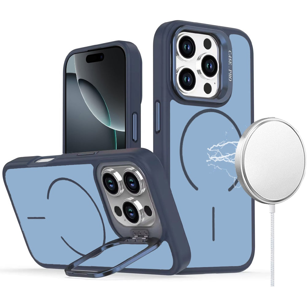 Phone Case for Apple iPhone 16 Pro Max Premium Matte Magnetic Camera Stand Hybrid Shockproof Rugged Protective Anti Scratch Durable Grip Metal Buttons Cover Navy Blue