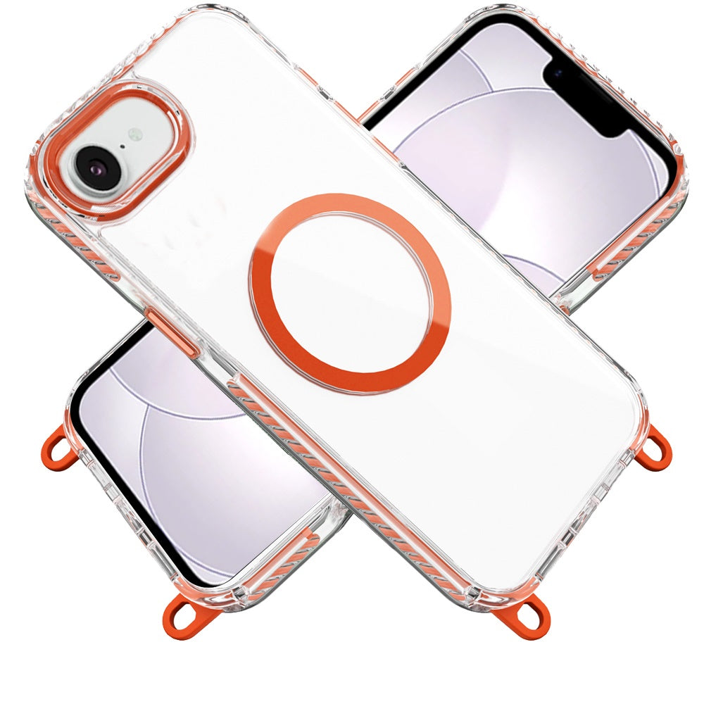 Phone Case for Apple iPhone 17E /16E Transparent Magnetic Lanyard Shockproof Hybrid Clear Grip Durable Camera Protection TPU Anti-Slip Design Cover Cosmic Orange