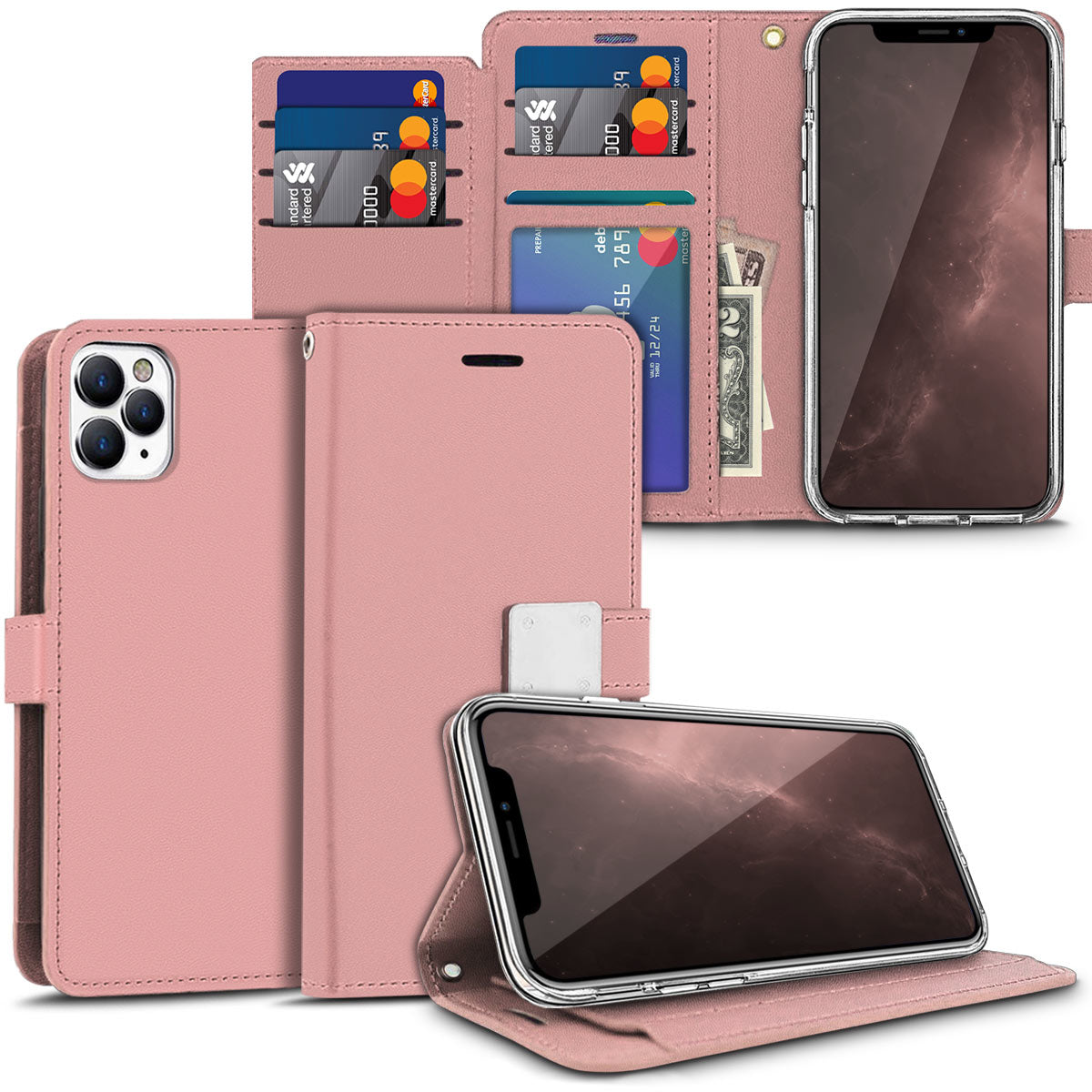 For Motorola Moto G Power 5G 2026 PU leather Wallet 6 Card Slots folio with Wrist Strap & Kickstand Pouch Flip Shockproof Case Cover Rose Gold