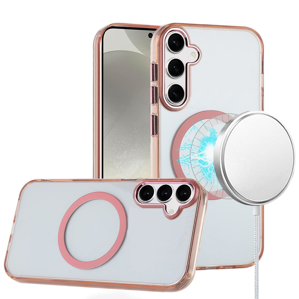 For Samsung Galaxy A57 Transparent Back Hybrid Case - Magnetic Circle, Color Frame, Metal Buttons, MagSafe Compatible Case Cover Rose Gold