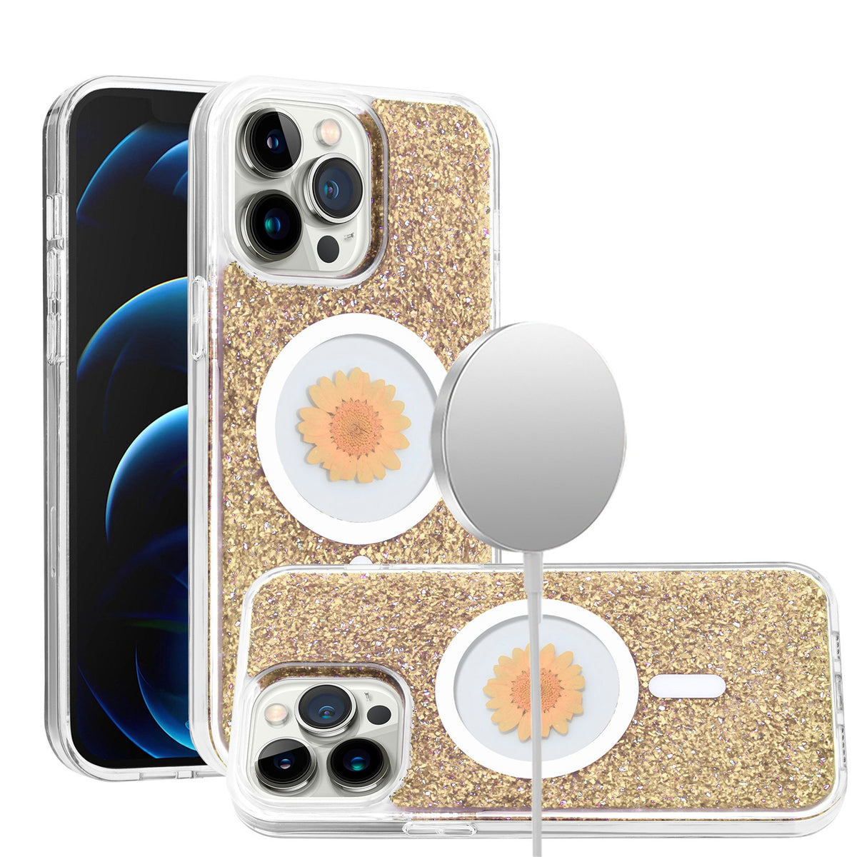 For Apple iPhone 16e MagSafe Compatible Glitter Flower Epoxy Hybrid Slim TPU Case, Magnetic Circle Design, Sparkly Bling Protective Case Cover