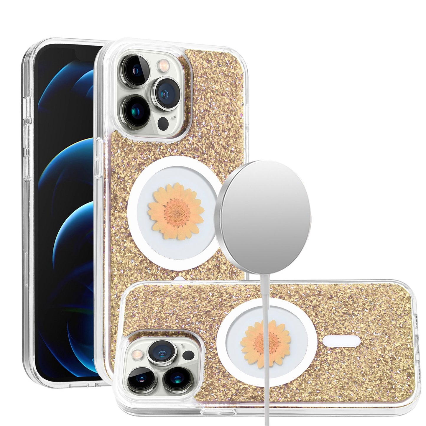 For Samsung Galaxy S25 /S24 MagSafe Compatible Glitter Flower Epoxy Hybrid Slim TPU Case, Magnetic Circle Design, Sparkly Bling Protective Case Cover