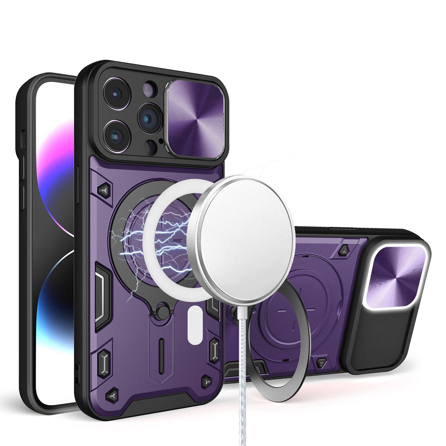 For Apple iPhone 16 (6.1") Hybrid Magnetic Circle 360° Ring Kickstand with MagSafe Compatible & Camera lens Protector Case Cover Purple