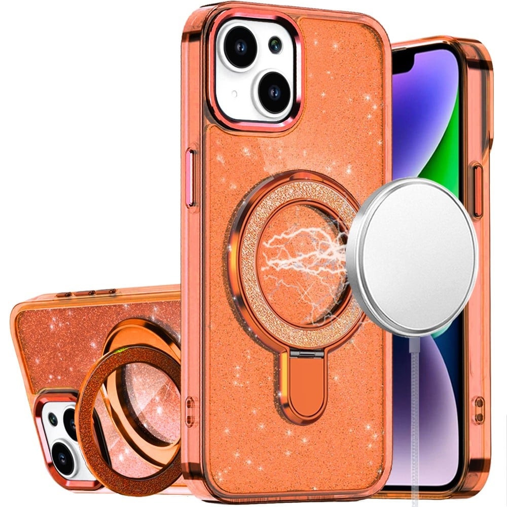For iPhone 14/13 (6.1") Transparent Glitter Bling Case with Rotating Magnetic Ring Stand, Shockproof Hybrid Case Cover Cosmic Orange