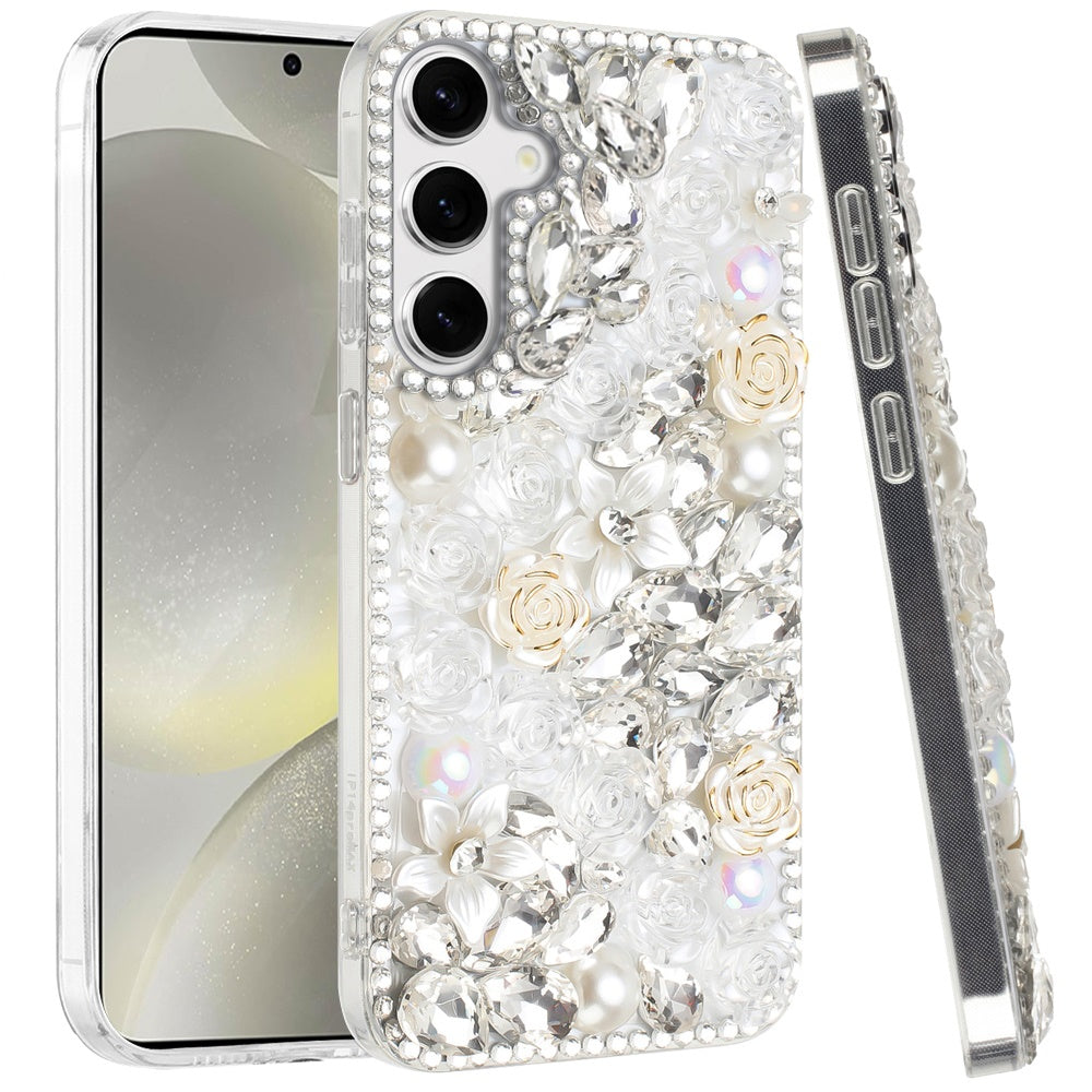 For Samsung Galaxy S25 /S24 Fashion Rose Flower Floral, 3D Bling Crystal Full Diamonds Pearl Sparkle Rhinestone Glitter Hybrid Case Cover