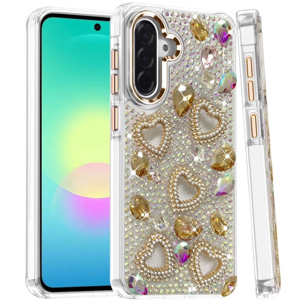 Phone Case for Samsung Galaxy A27 Luxury Crystal Heart Rhinestone Diamond Bling Shockproof Hybrid Glitter Protective Stylish Durable Grip Cover