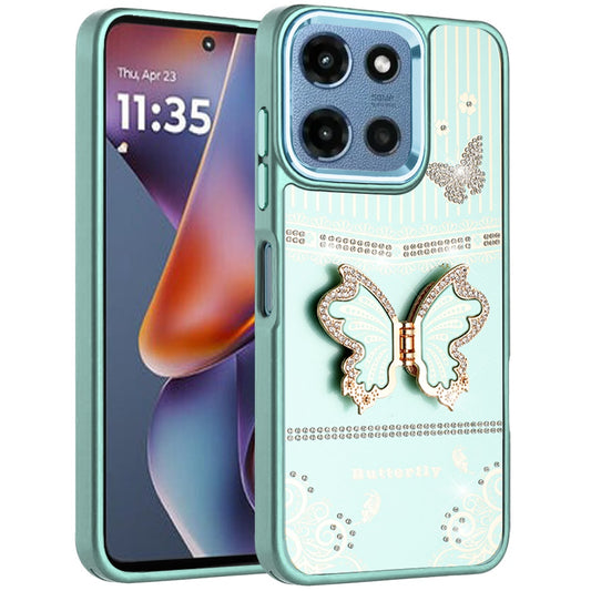 Phone Case for Motorola Moto G Play 5G 2026 Glitter Bling Butterfly Stand Metallic Edge Hybrid Shockproof Grip Durable Camera Protection Stylish Design Cover Teal