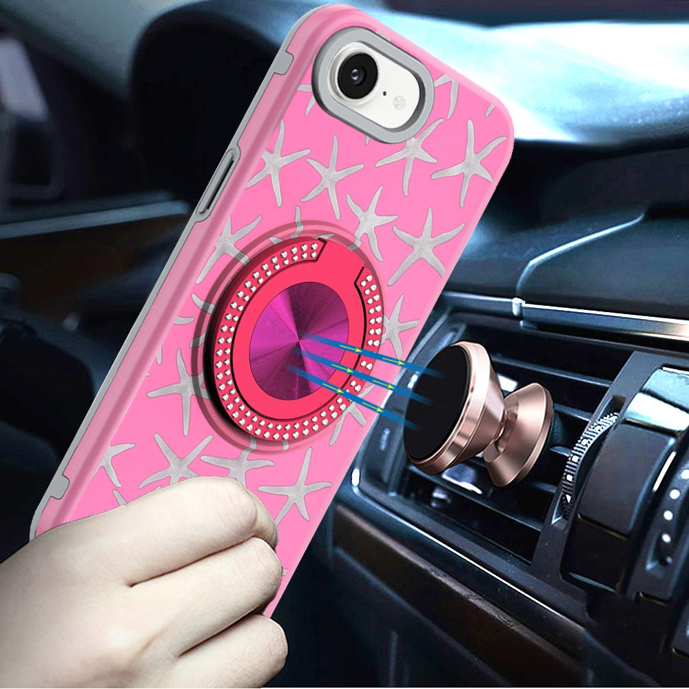 For Apple iPhone 14 /13 Pattern Design Hybrid with Invisible Ring Stand & Magnetic Back, Shockproof Protective Grip Case Cover