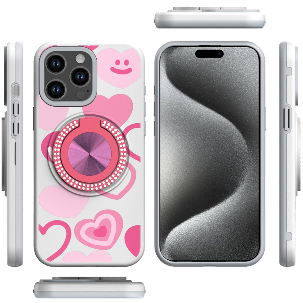 For Apple iPhone 15 Pro Max Pattern Design Hybrid with Invisible Ring Stand & Magnetic Back, Shockproof Protective Grip Case Cover