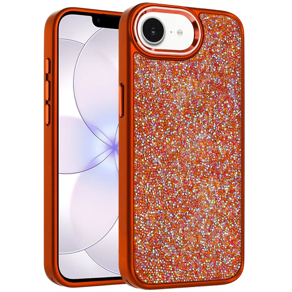 Phone Case for Apple iPhone 17E /16E Crystal Glass Bling Diamond Metallic Edge Shockproof Durable Protective Clear Hybrid Stylish Premium Design Cover Cosmic Orange