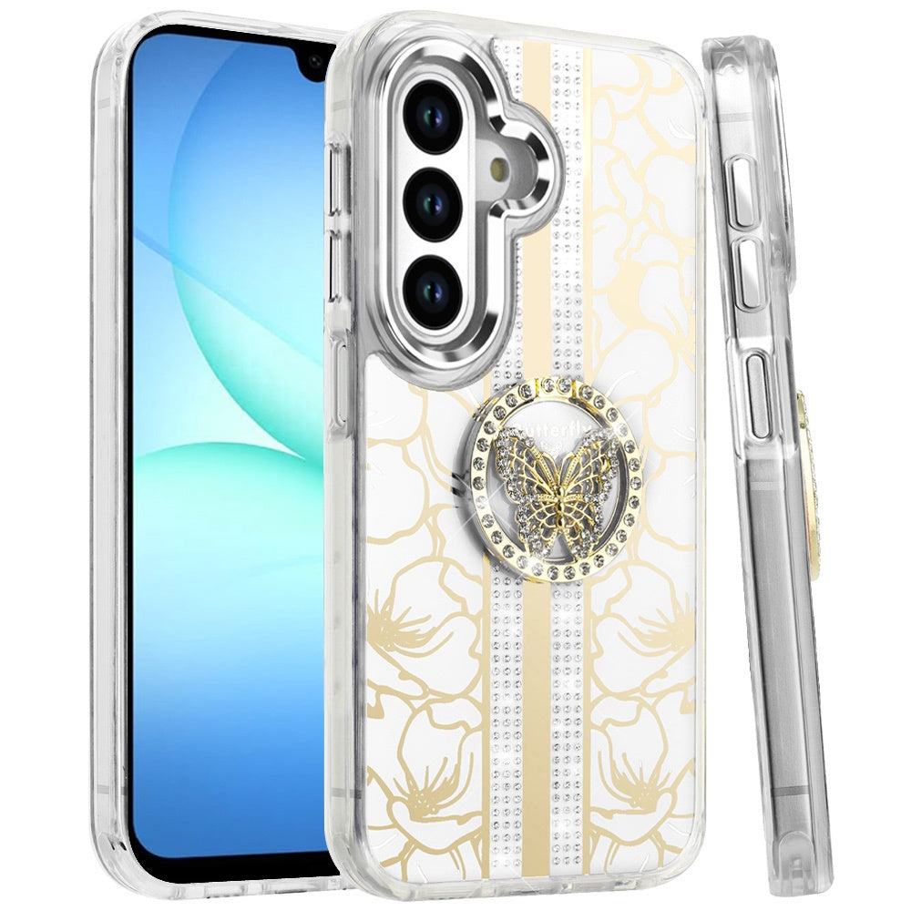 For Samsung Galaxy S25 Fan Edition /Galaxy S25 FE Diamonds 3D Butterfly Floral Design Bling Sparkly Glitter Hybrid Metal Fashion with Ring Stand Case Cover