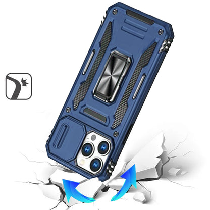 For Apple iPhone 13 Pro Tough Hybrid Case with Movable Camera Window & Metal Ring Stand Shockproof Case Cover