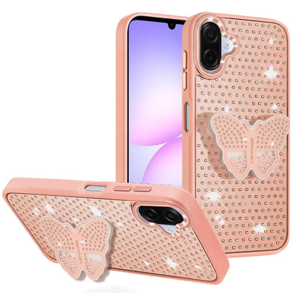 For Samsung Galaxy A07 Butterfly Moveable Grip 3D Pop Stand Full Diamond Bling Sparkling TPU Fashion Hybrid Case Cover