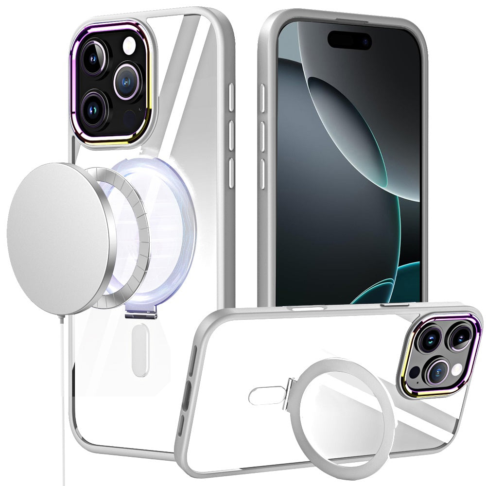 For Apple iPhone 16 Pro Magnetic Ring Stand Hybrid MagSafe Compatible Shockproof Protection Transparent Back Alloy Chrome Grip Case Cover Clear
