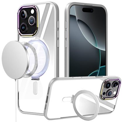 For Apple iPhone 16 Pro Magnetic Ring Stand Hybrid MagSafe Compatible Shockproof Protection Transparent Back Alloy Chrome Grip Case Cover Clear