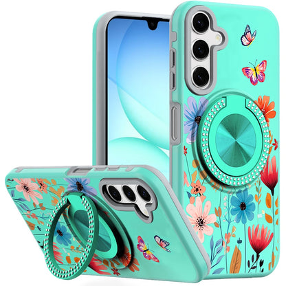 Phone Case for Galaxy A17 5G Magnetic Ring Stand Matte Metal Hybrid Car Mount Friendly Shockproof Rotational Grip Diamond Design Pattern Cover