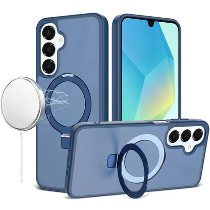 Phone Case for Samsung Galaxy A16 5G Magnetic Ring Stand Full Rotation Matte Shockproof Grip Anti Slip Durable Camera Protection Hybrid Cover Blue