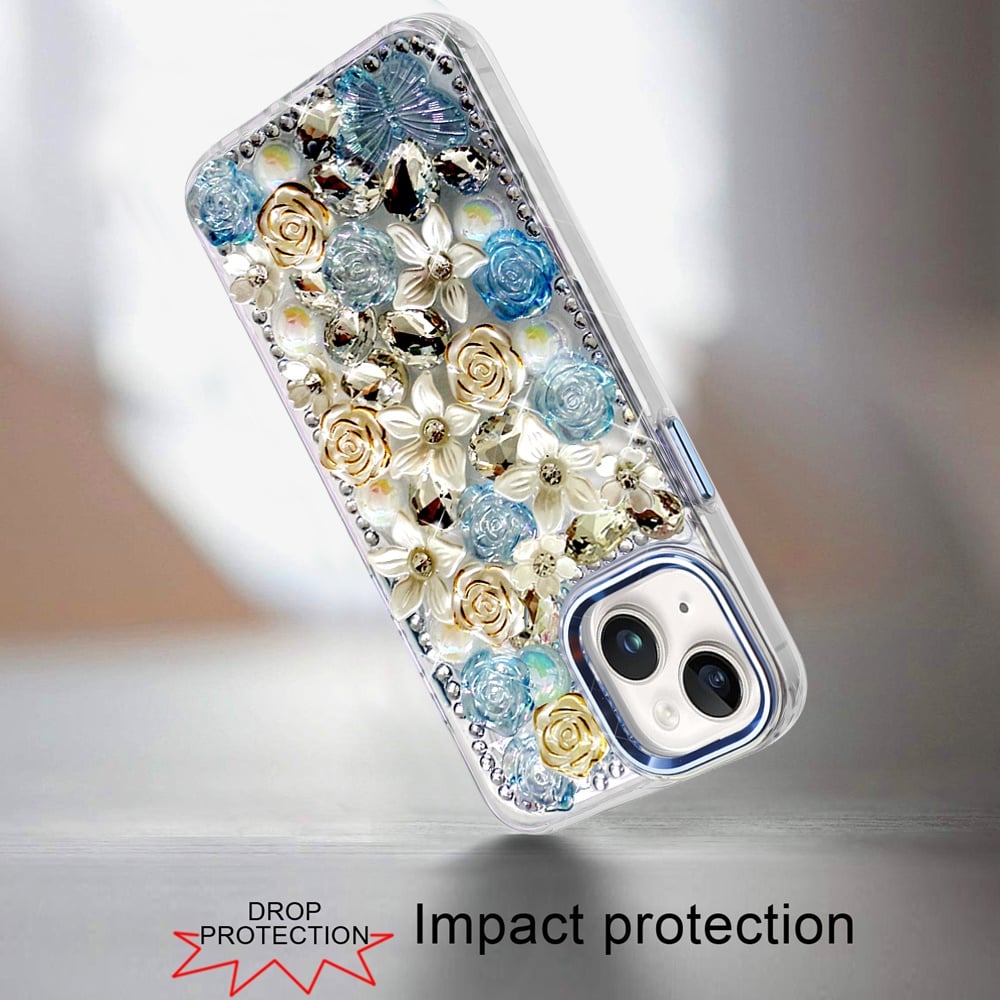 Phone Case for Apple iPhone 15 Luxury Rose Bling Rhinestone Glitter Floral Hybrid Shockproof Stylish Protective Designer Ornament Sparkle Cover Blue