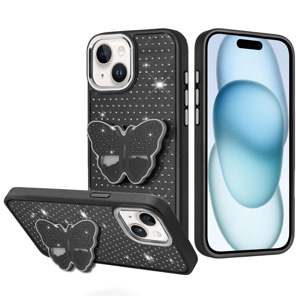 For Apple iPhone 16e Butterfly Moveable Grip 3D Pop Stand Full Diamond Bling Sparkling TPU Fashion Hybrid Case Cover