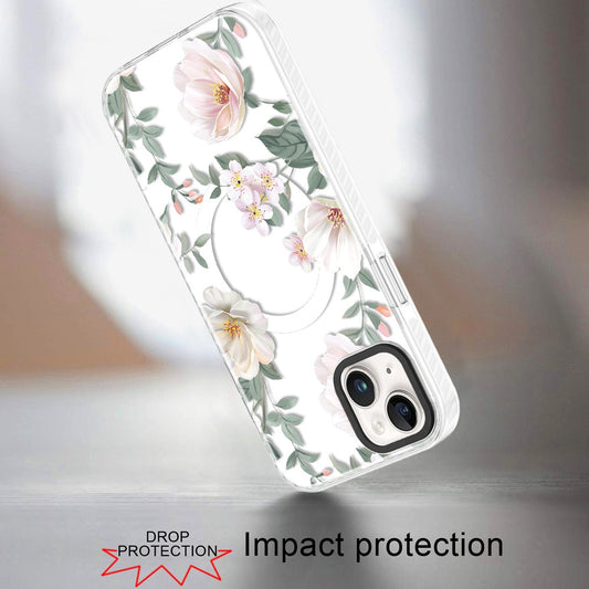 Phone Case for iPhone 15 Magnetic Hybrid IMD Floral Compatible with MagSafe Shockproof Slim Hybrid Fashion Design TPU Protective Cover Light Floral with Gray Leaves