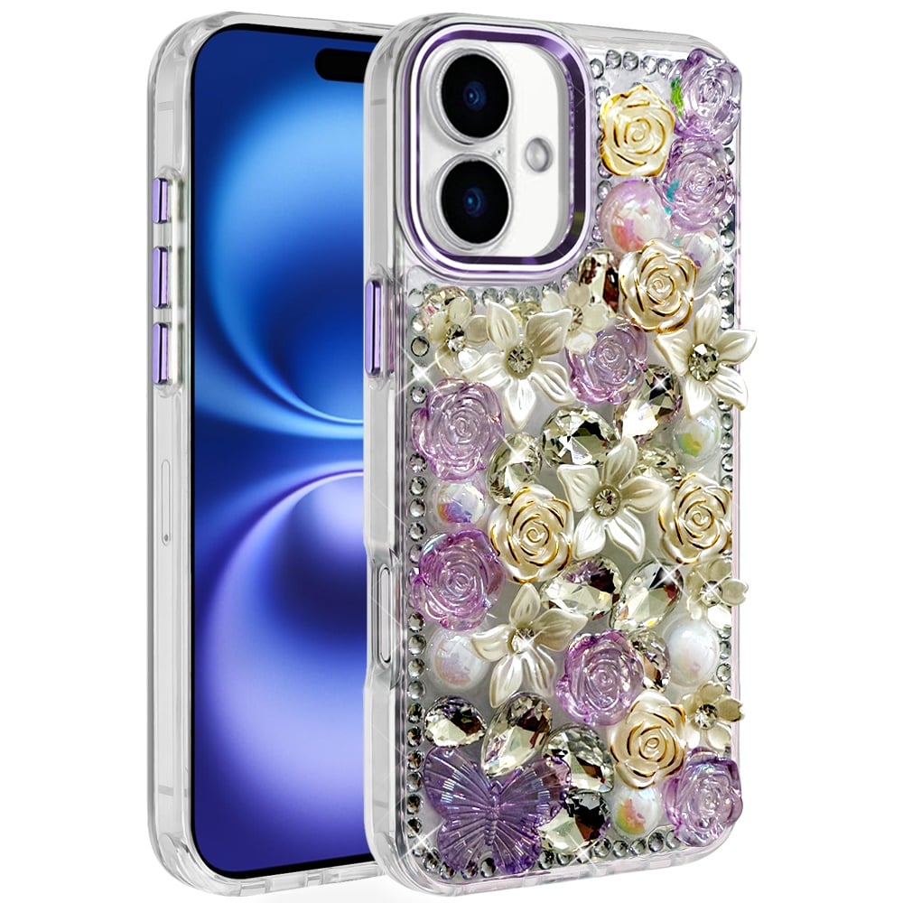 Phone Case for Apple iPhone 17 Luxury Rose Bling Rhinestone Glitter Floral Hybrid Shockproof Stylish Protective Designer Ornament Sparkle Cover Purple