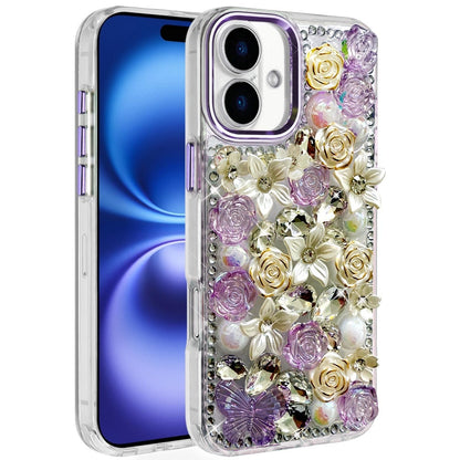Phone Case for Apple iPhone 17 Luxury Rose Bling Rhinestone Glitter Floral Hybrid Shockproof Stylish Protective Designer Ornament Sparkle Cover Purple