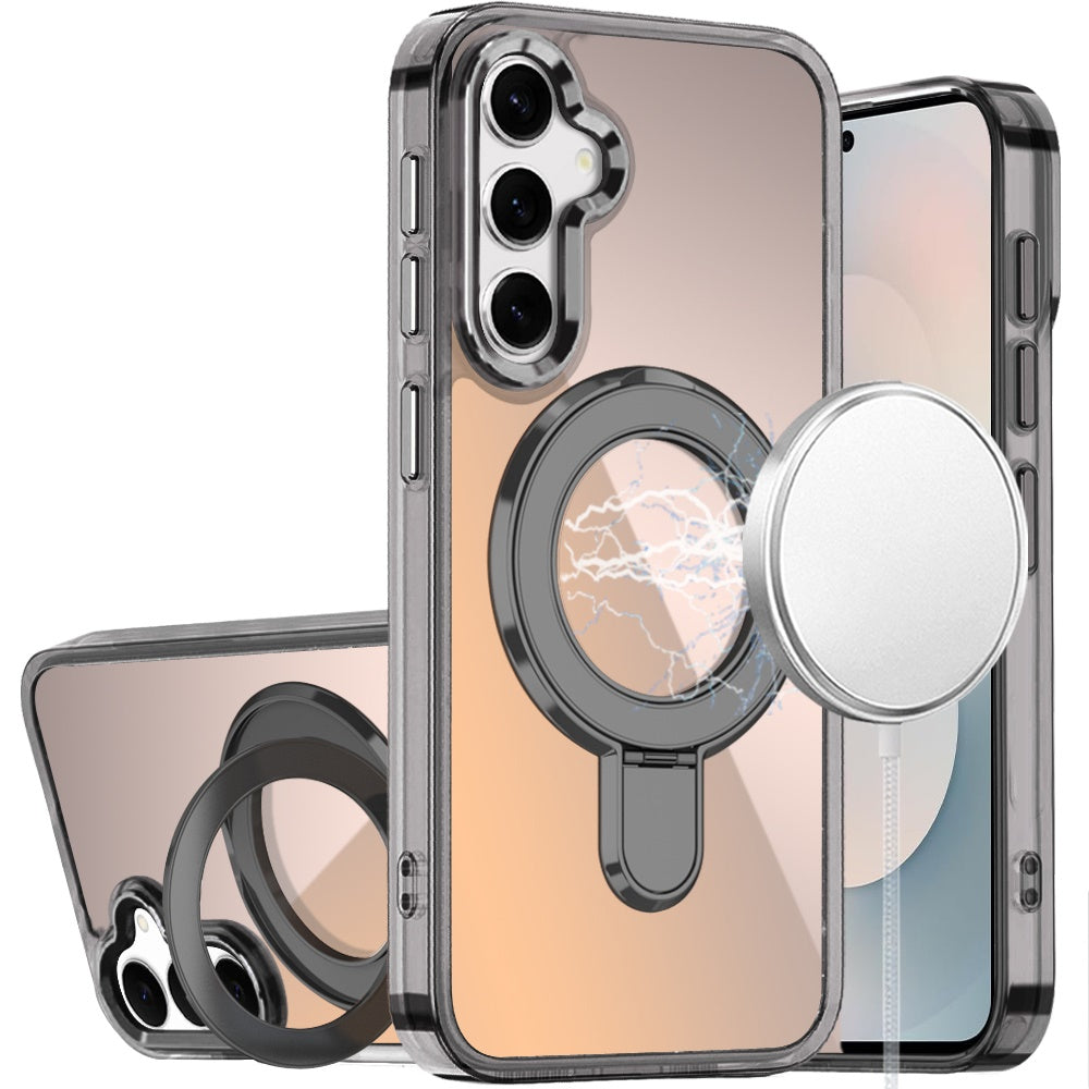 For Samsung Galaxy S26+ / S26 Plus Chrome Hybrid with Rotating Magnetic Circle Ring Stand, Slim Shockproof Hybrid Case Cover